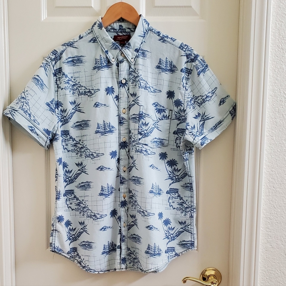 Arizona Jeans Mens Hawaiian Button Front Casual Map Ship Print Shirt Sz L